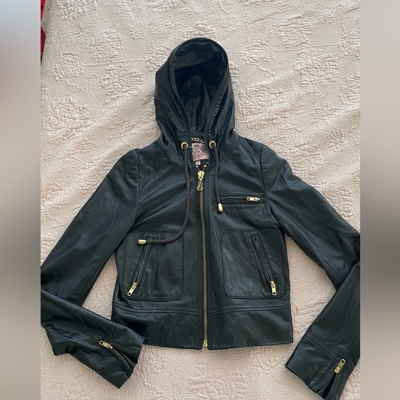 Rare Y2K juicy couture BUTTERY leather hooded jacket shrunken sleek catwoman - Picture 12 of 12